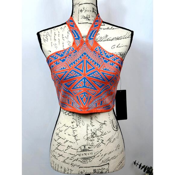 BCBGMaxAzria Katiya Crop Top in an Orange/Blue Geometric Print L - Picture 2 of 10